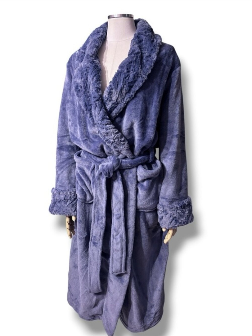 CAROLE HOCHMAN Shawl Collar Plush Robe Blue (Indigo Undertone) Size Large NEW
